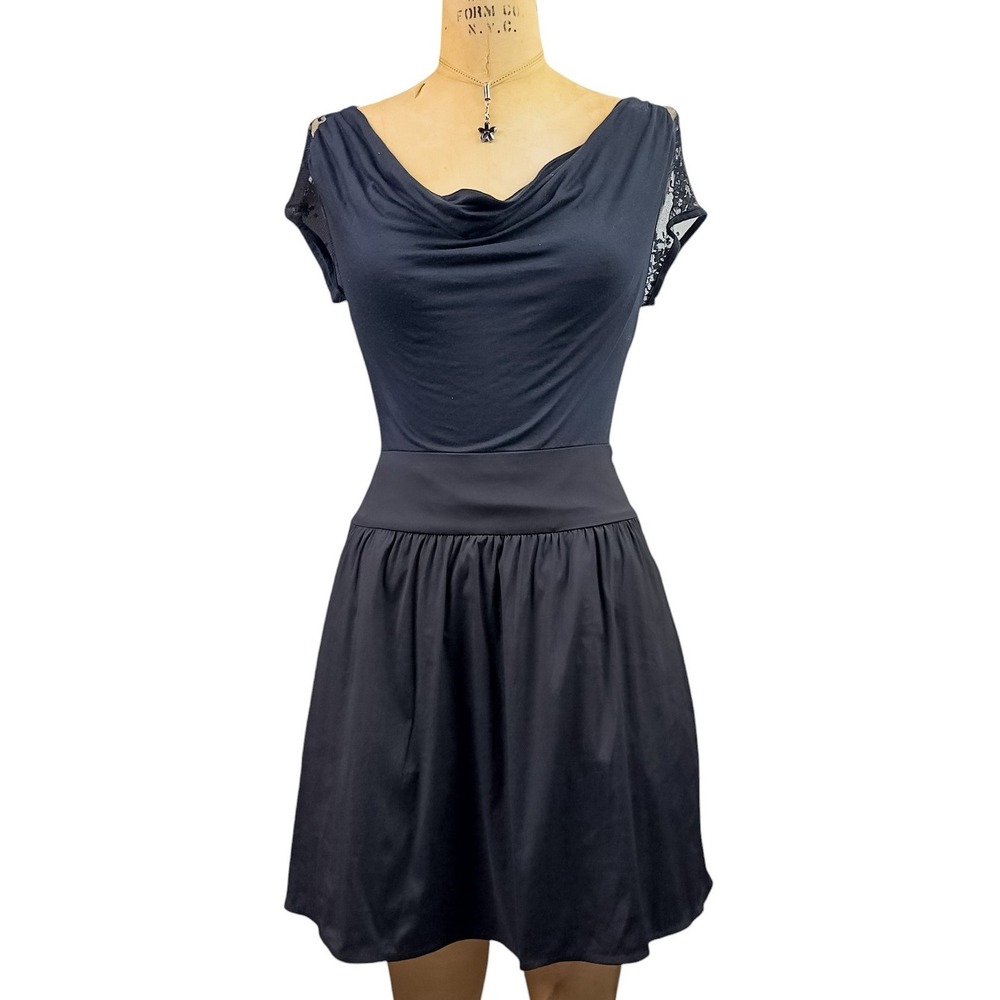 Express Lace Cowl Neck Dress Cap Sleeve Structured Skirt Dark Romantic Whimsy S